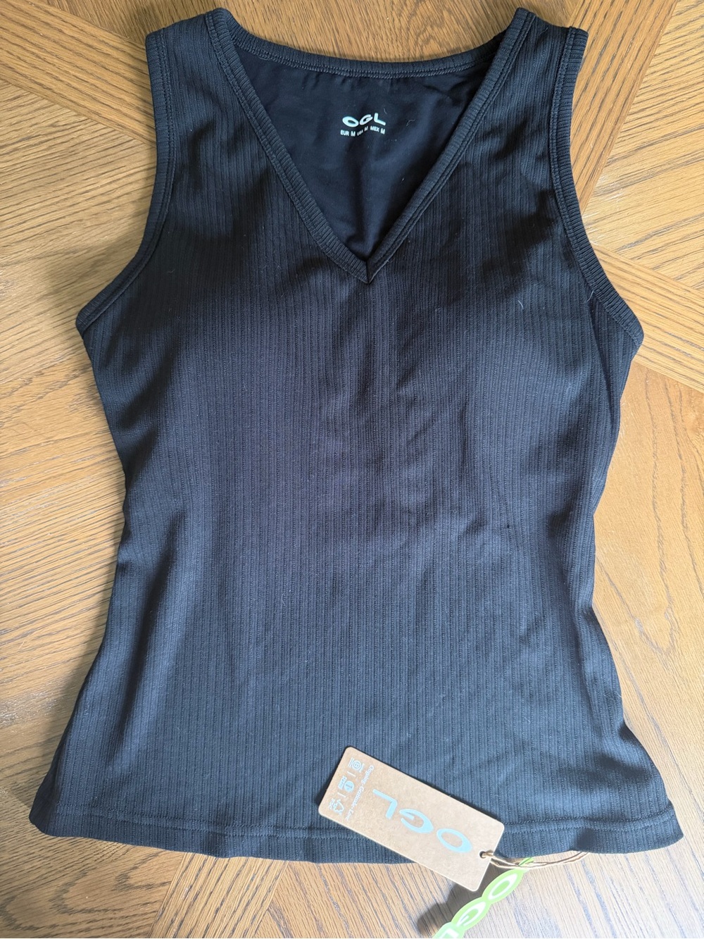 OGL Black Ribbed V-Neck Tank Top with Built In Bra